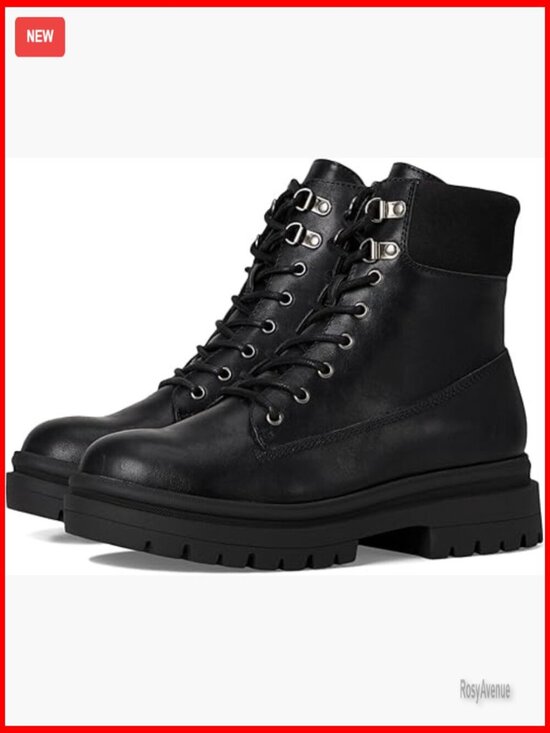 Shoes - Combat Boots with Lug Sole and Buckle Detail, Platform Heel, Lace-Up Closure
